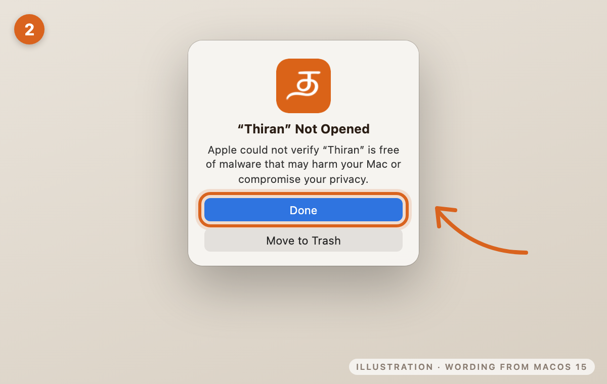 macOS message 'Thiran Not Opened' with Done highlighted