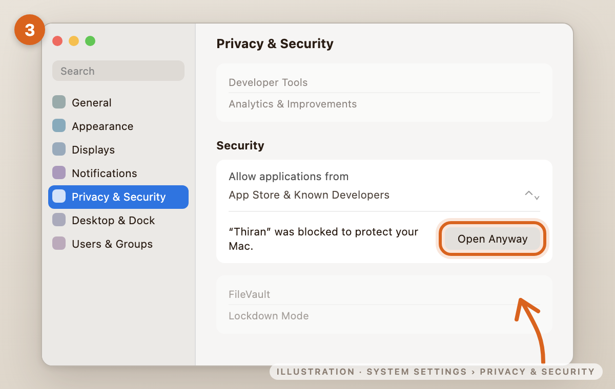 System Settings, Privacy & Security, with Open Anyway highlighted