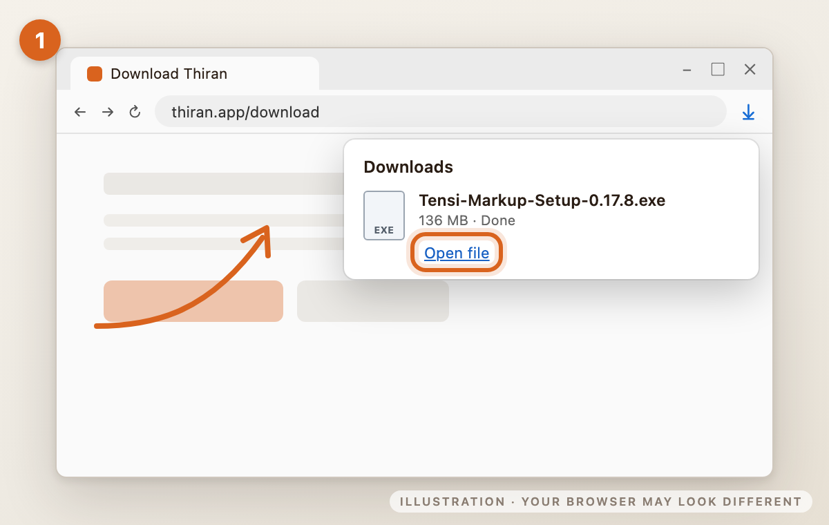 Browser downloads list with Tensi-Markup-Setup-0.17.8.exe and Open file highlighted