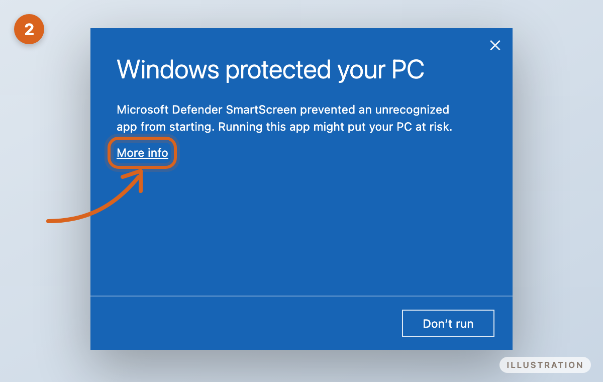 Windows protected your PC message with More info highlighted