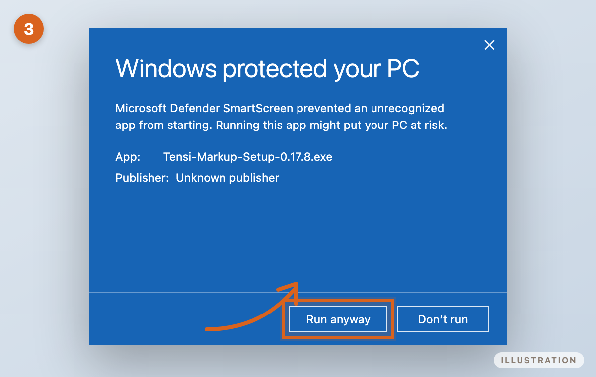 Expanded message showing Unknown publisher, with Run anyway highlighted